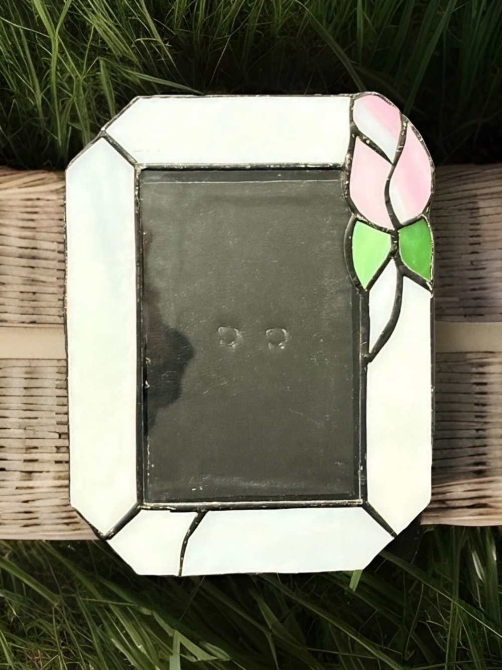 Vtg Stained Glass Picture Frame White Slag Glass Pink Rose Floral Decor 3.5x5"